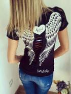 Shein Black Lace Short Sleeve Wing Print Hollow T-shirt