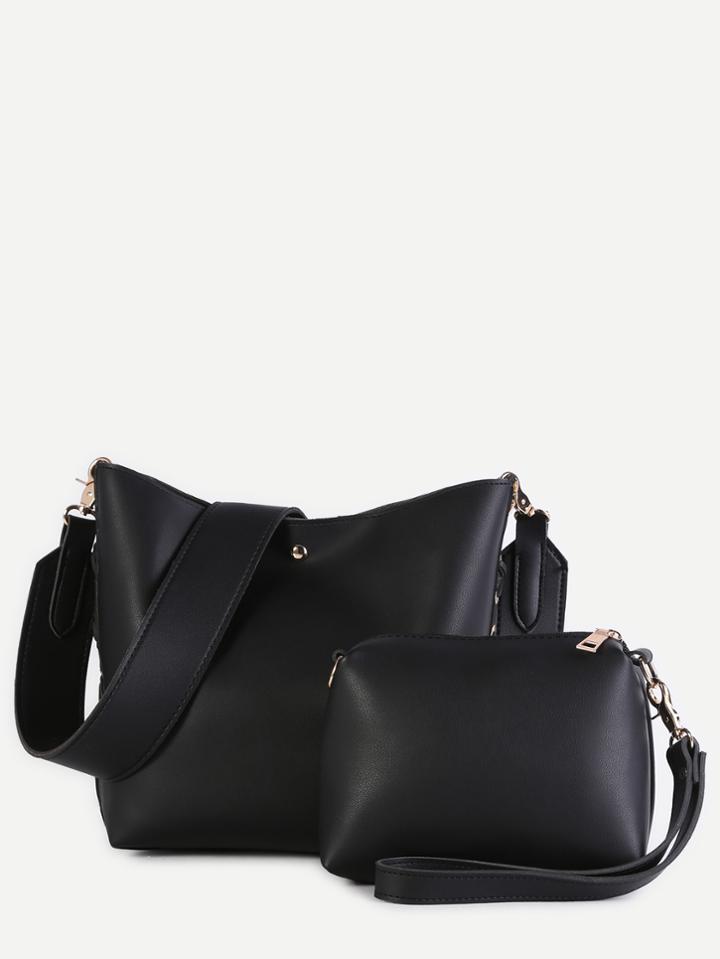 Shein Black Pu Eyelet Lace Up Convertible Wide Strap Shoulder Bag Set