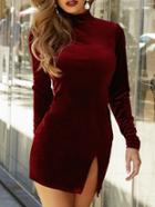 Shein Red Long Sleeve Lace Hem Slim Dress