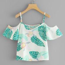 Shein Tropical Print Cold Shoulder Top