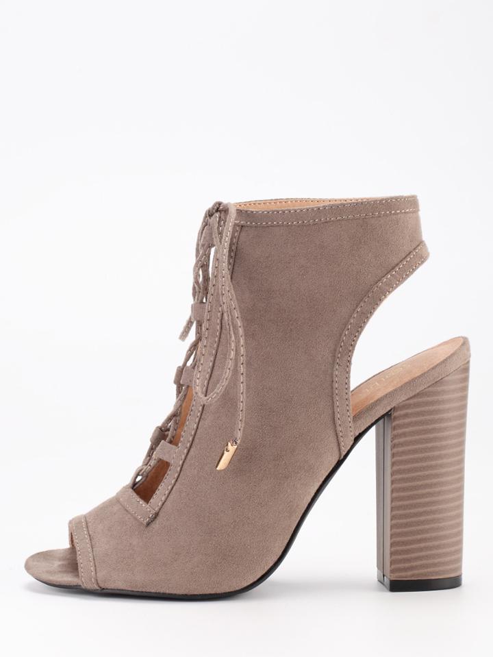Shein Faux Suede Lace-up Peep Toe Sling Back Heels - Brown