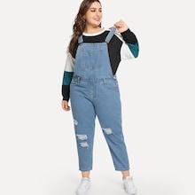 Shein Plus Rips Detail Denim Overalls