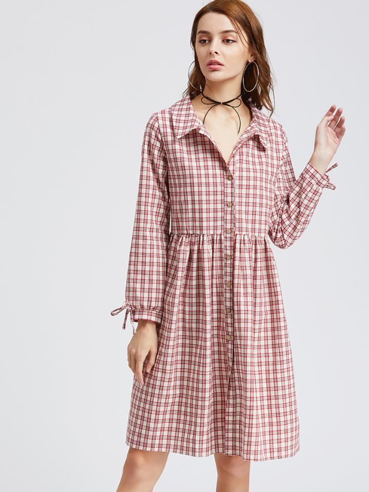 Shein Tartan Plaid Tie Detail Shirt Dress
