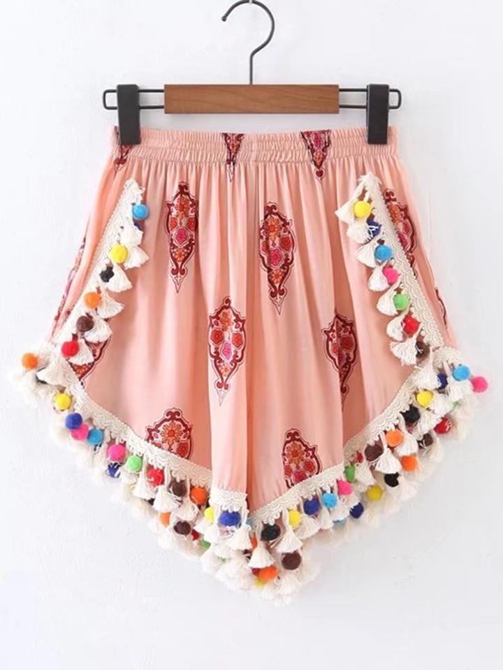 Shein Elastic Waist Fringe Pom Pom Trim Shorts