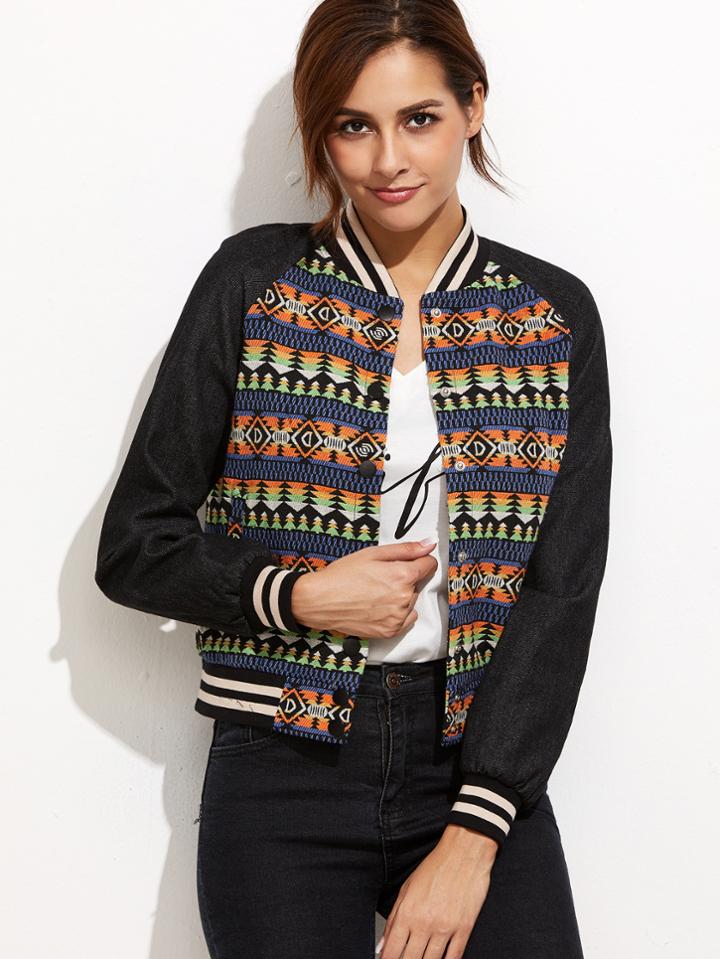 Shein Multicolor Tribal Pattern Raglan Sleeve Baseball Jacket