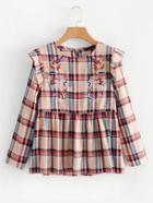 Shein Embroidery Detail Plaid Babydoll Blouse
