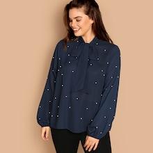 Shein Plus Tie Neck Pearl Embellished Top