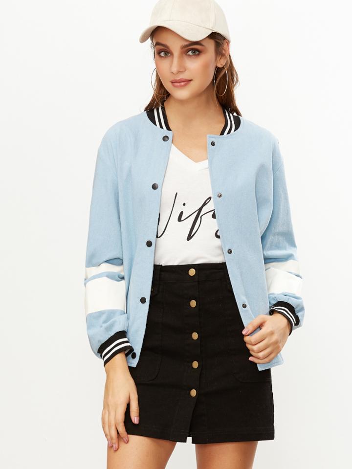 Shein Blue Striped Trim And Sleeve Baseball Jacket
