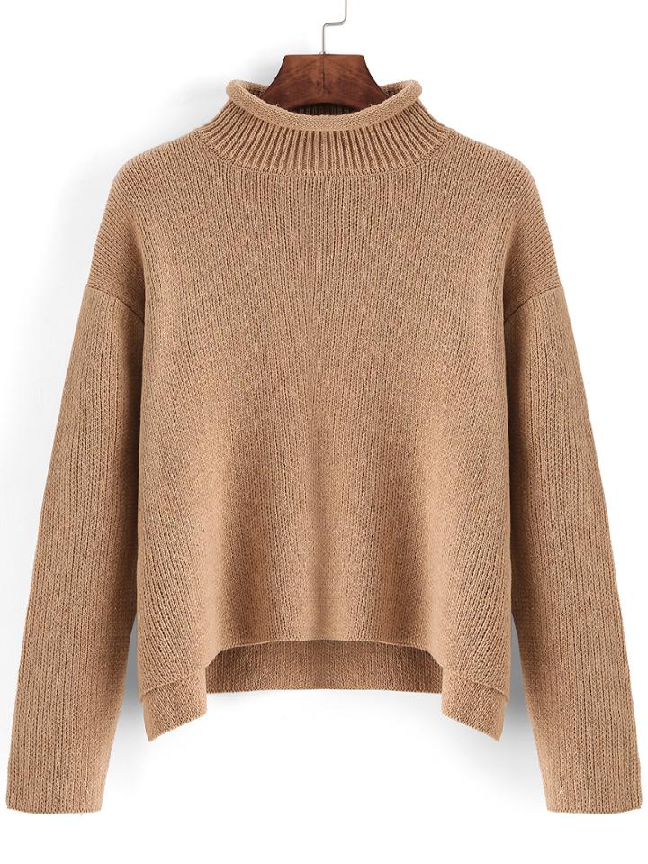 Shein Khaki High Neck Dip Hem Crop Sweater