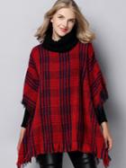 Shein Red Round Neck Houndstooth Tassel Cape Coat