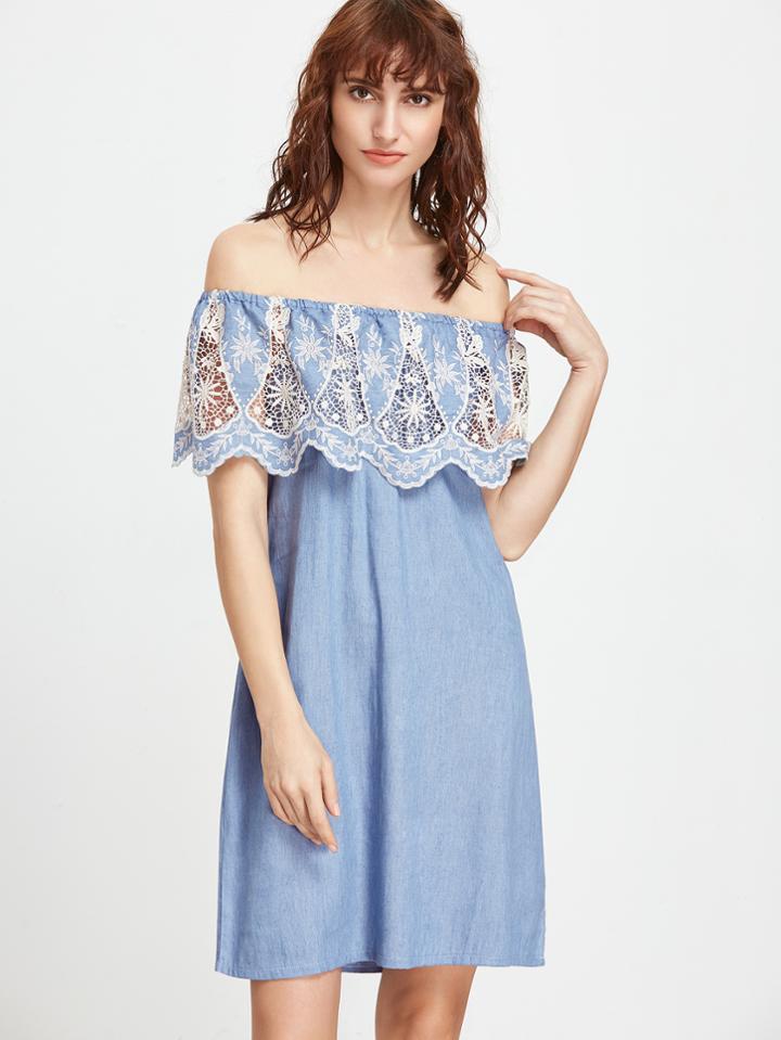 Shein Flounce Layered Neckline Embroidered Denim Dress