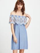 Shein Flounce Layered Neckline Embroidered Denim Dress