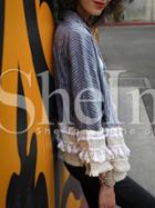 Shein Blue Vertical Striped Crochet Hem Coat