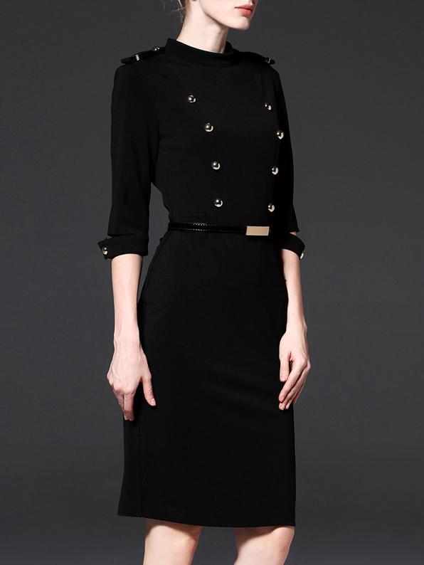 Shein Black Beading Zipper Belted Sheath Dress