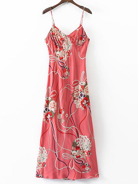 Shein Red Spaghetti Strap Floral Hollow Back Dress