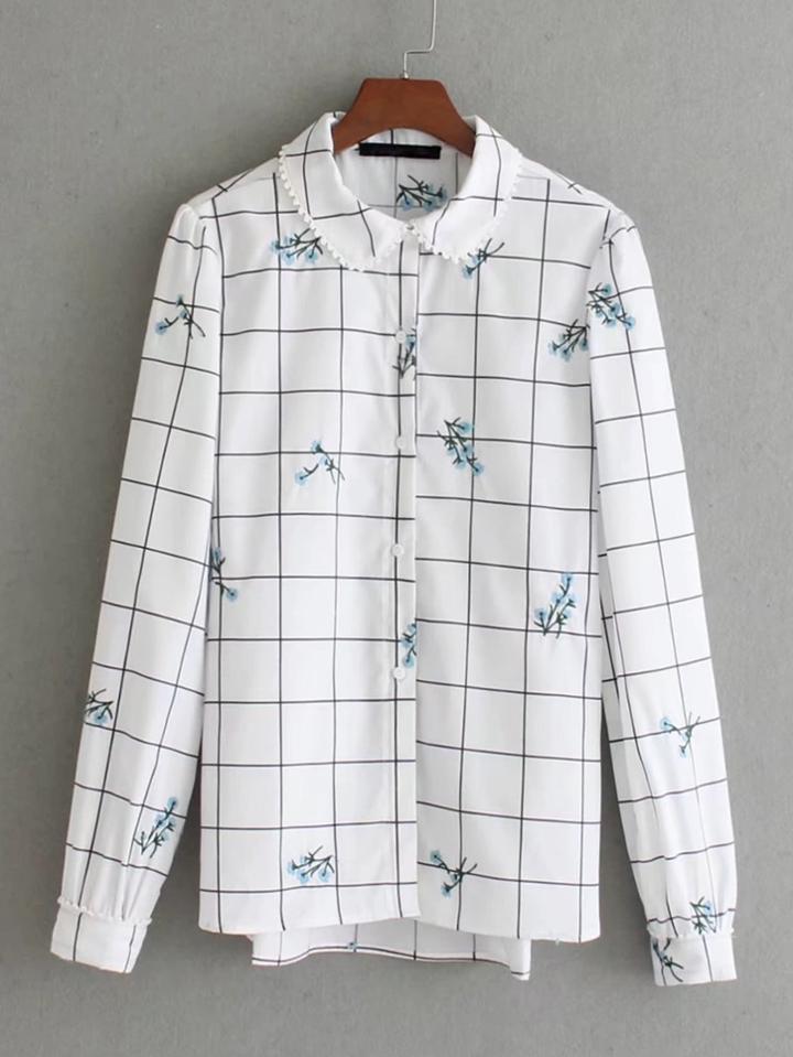 Shein Flower Embroidery Crochet Trim Grid Blouse