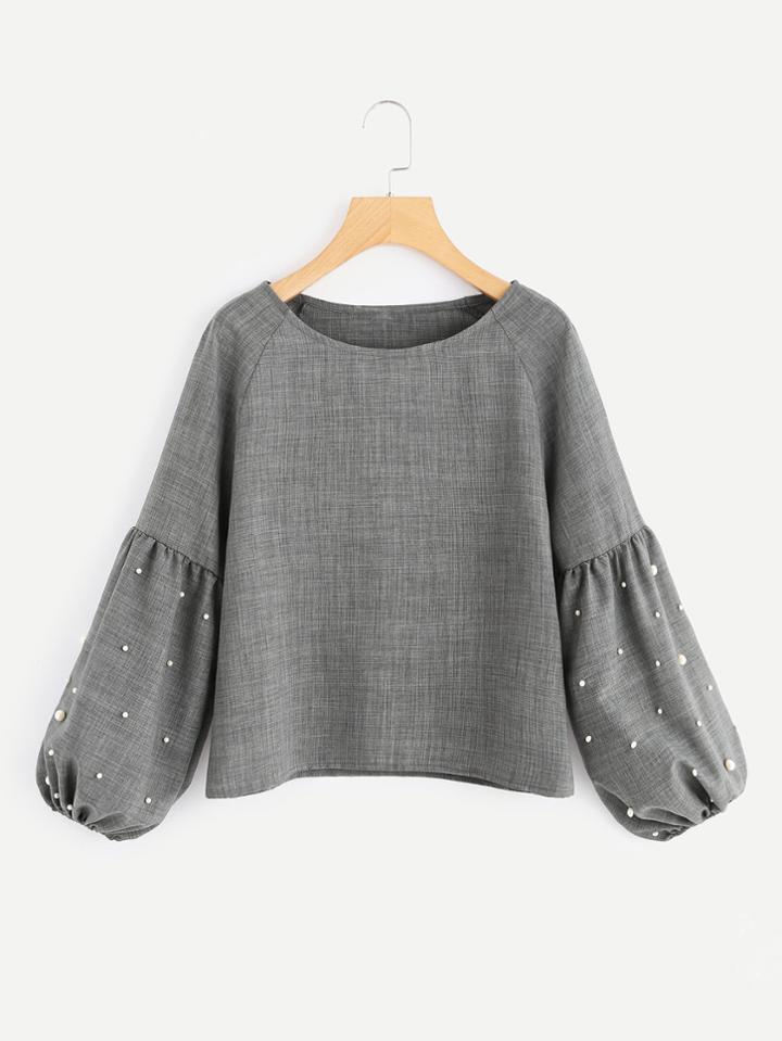 Shein Lantern Sleeve Pearl Beaded Blouse