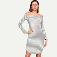 Shein Off Shoulder Curved Hem Striped Rib Dress