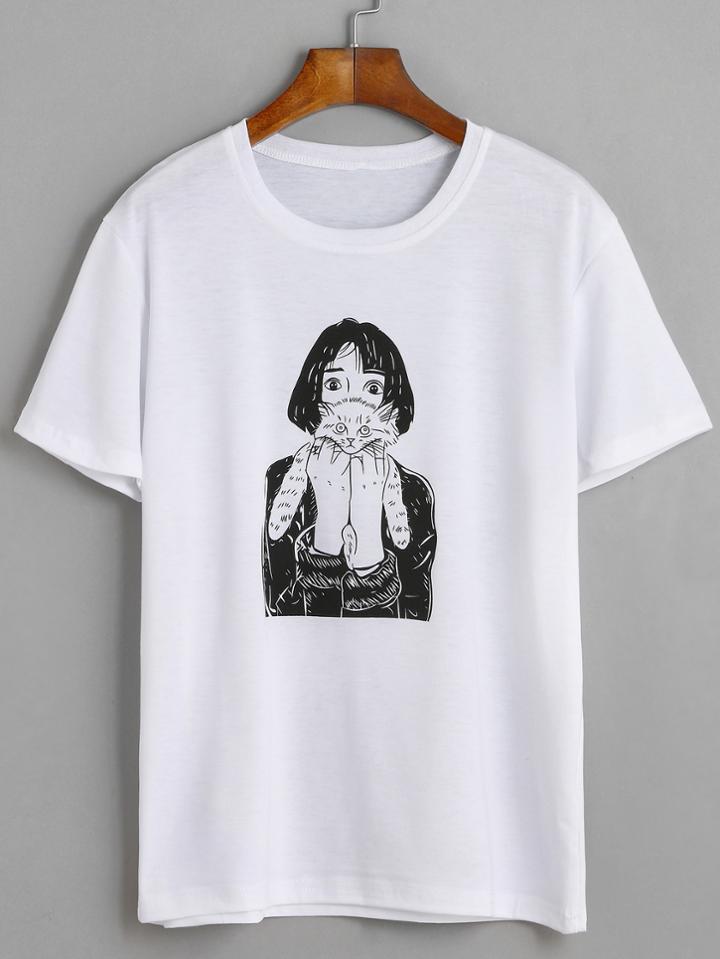 Shein Girl Holding Cat Print Tee