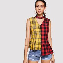Shein Two Tone Plaid Print Stepped Ruffle Hem Top