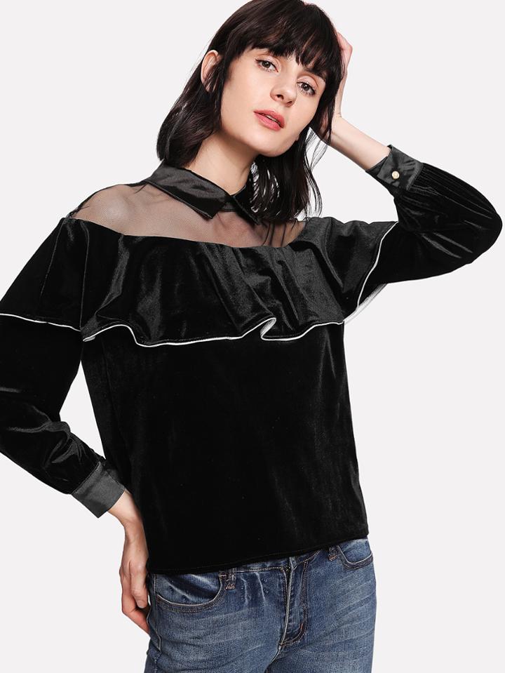 Shein Mesh Panel Ruffle Trim Top