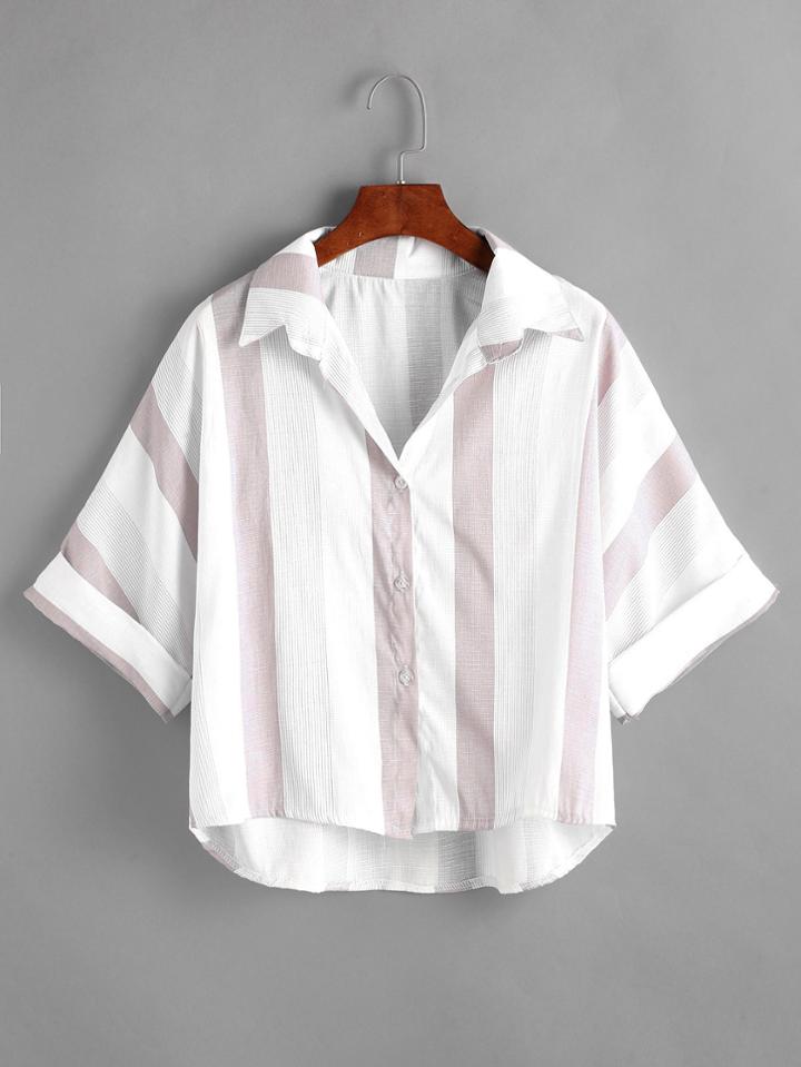 Shein Striped High Low Cuffed Shirt