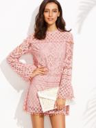 Shein Pink Crochet Pom-pom Trim Long Sleeve Dress