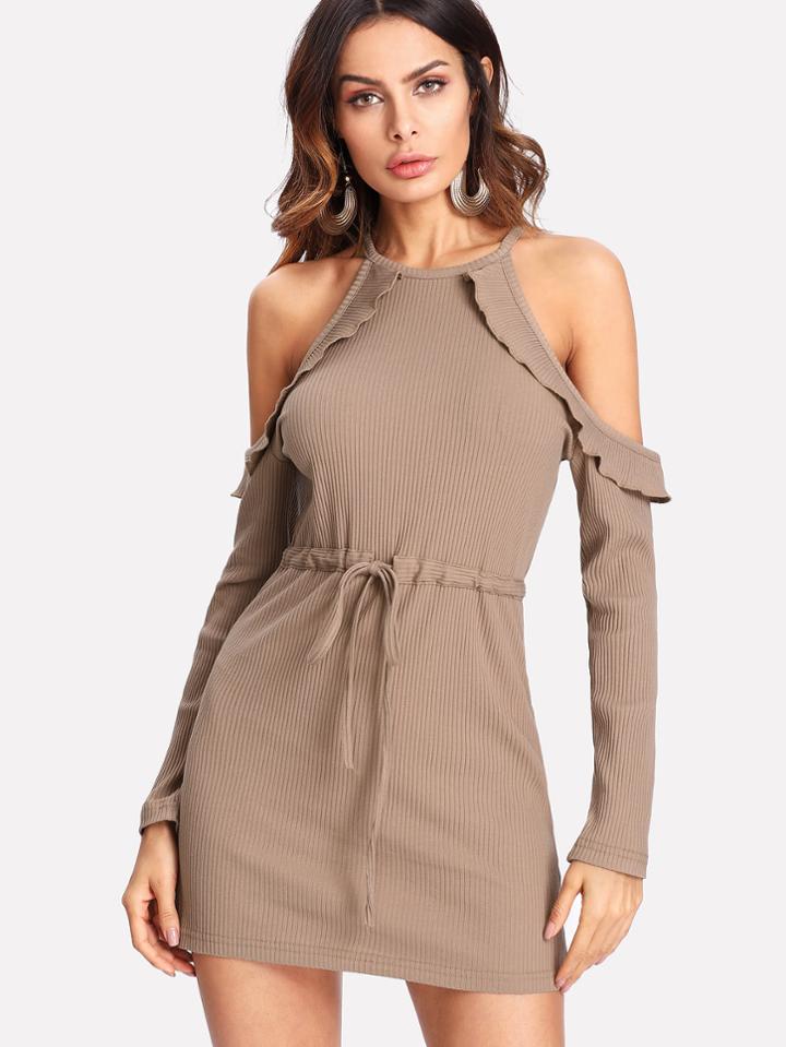 Shein Flounce Detail Cold Shoulder Drawstring Waist Dress