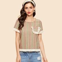Shein Fringe Trim Pocket Front Striped Top
