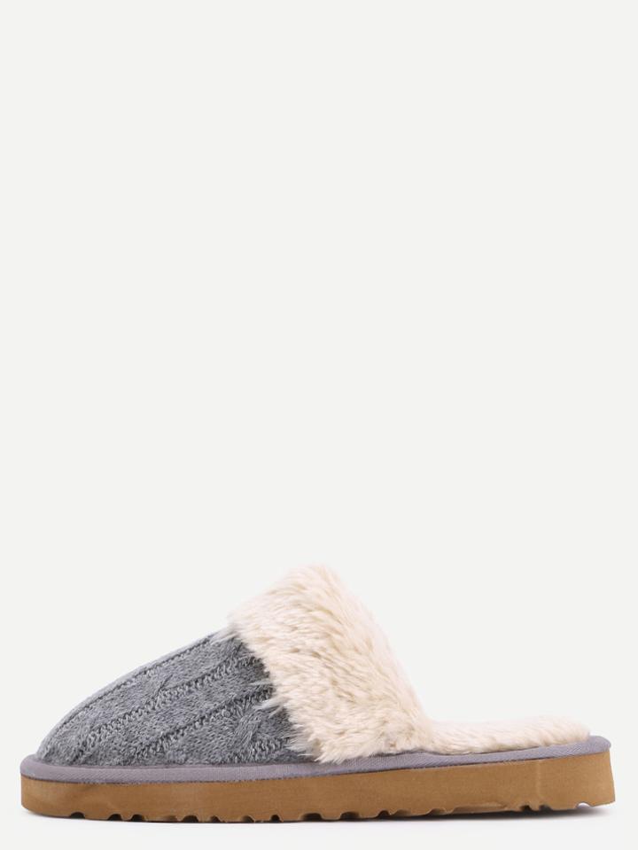 Shein Grey Fur Lined Soft Sole Wool Flat Slippers