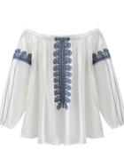 Shein White Long Sleeve Boat Neck Embroidery Blouse