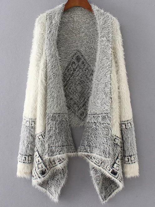 Shein White Aztec Print Asymmetrical Poncho Sweater