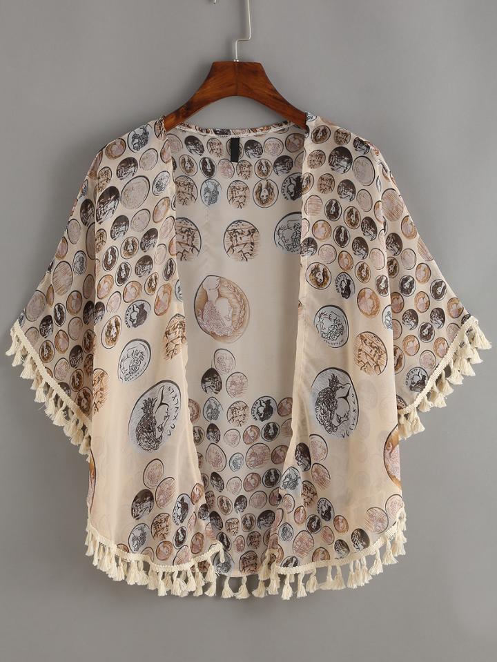Shein Portrait Coin Print Tassel Trimmed Top