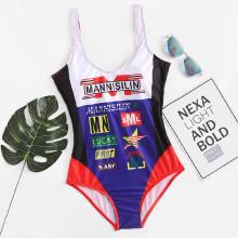 Shein Colorblock Mixed Print Swimsuit