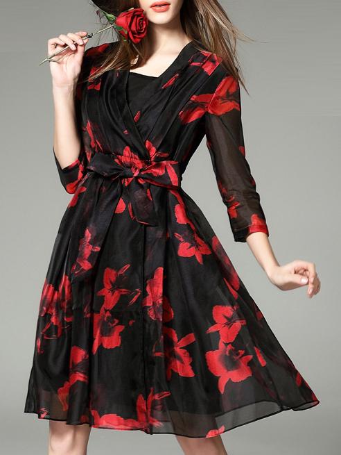 Shein Black Red V Neck Tie-waist Print Dress