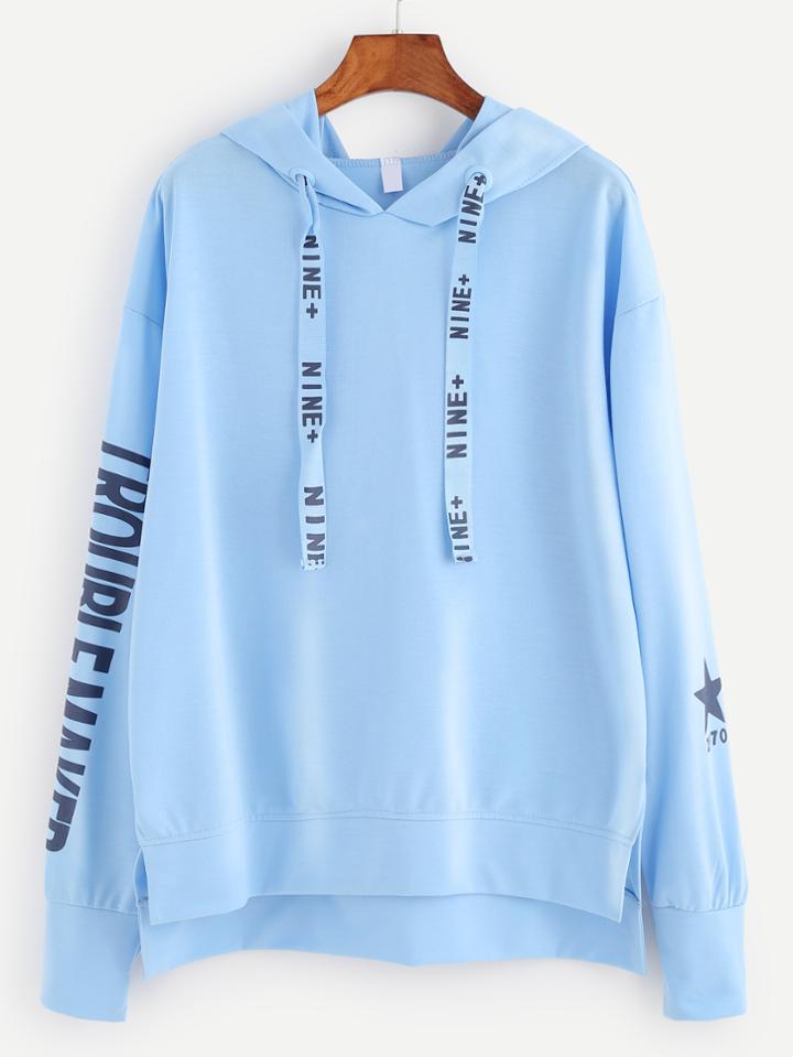 Shein Light Blue Letter Print Dip Hem Drawstring Hooded Sweatshirt