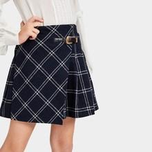 Shein Girls Buckle Strap Detail Grid Wrap Skirt