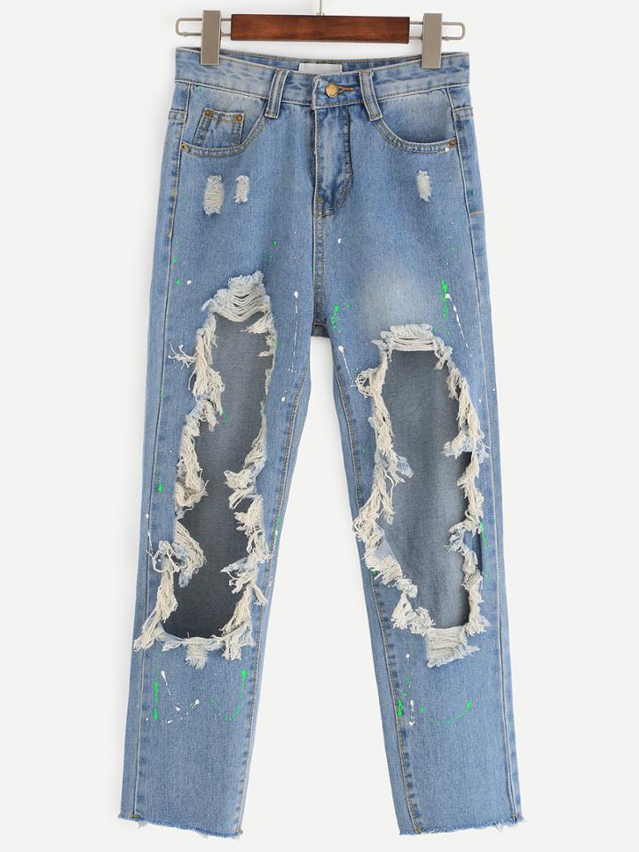 Shein Blue Distressed Paint Splatter Jeans