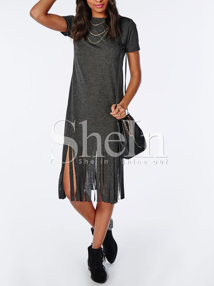 Shein Grey Tassel Hem Short Sleeve Casual Dress