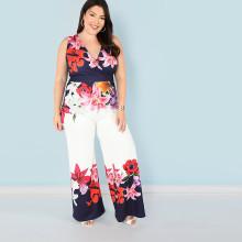 Shein Plus Surplice Neck Flower Print Wide Leg Jumpsuit