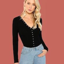 Shein V Neck Eyelet Front Solid Tee