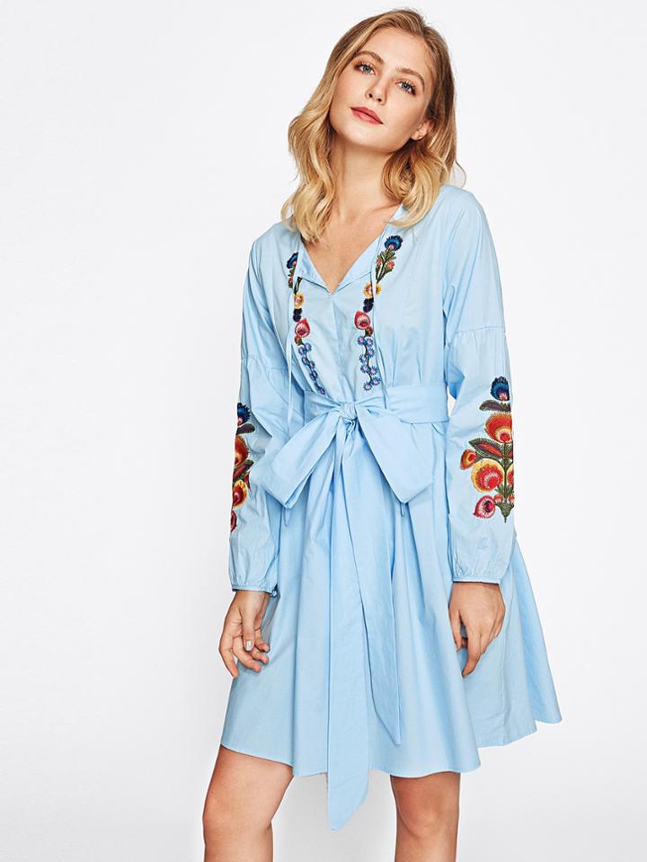 Shein Tie Neck Lantern Sleeve Embroidered Smock Dress