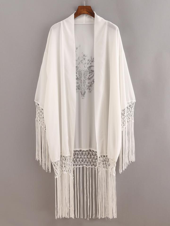 Shein White Macrame Fringe Trimmed Printed Blouse