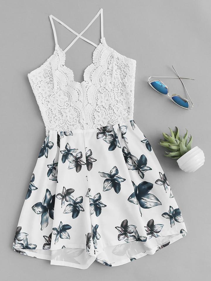 Shein Florals Random Lace Panel Criss Cross Backless Romper