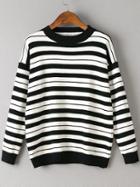 Shein Black Striped Crew Neck Drop Shoulder Sweater