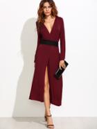 Shein Burgundy Surplice Wrap Dress With Contrast Belt