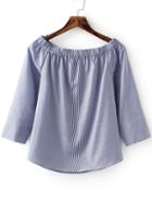 Shein Blue Boat Neck Split Cuff Stripe Blouse