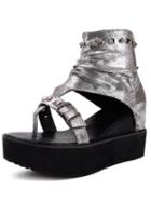 Shein Studded Silver Platform Ankle Cuff Thong Sandals