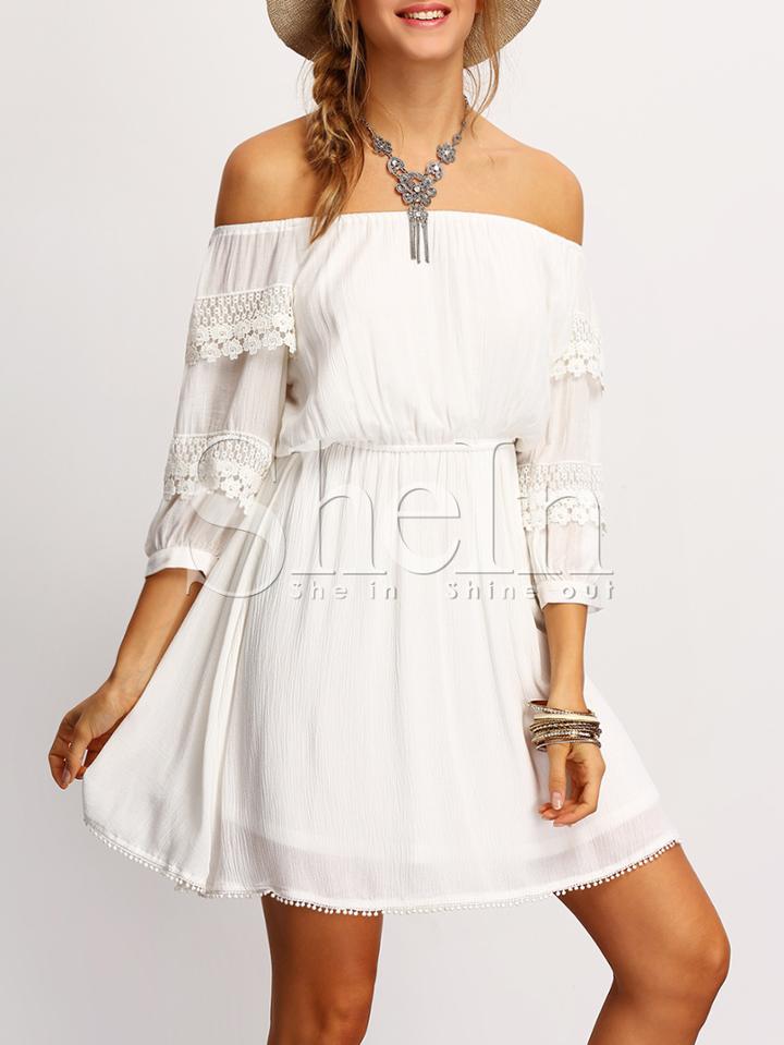 Shein White Off The Shoulder Pompom Hem Skater Dress