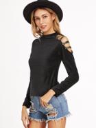 Shein Black Cut Out Embroidered Tape Detail Corduroy T-shirt